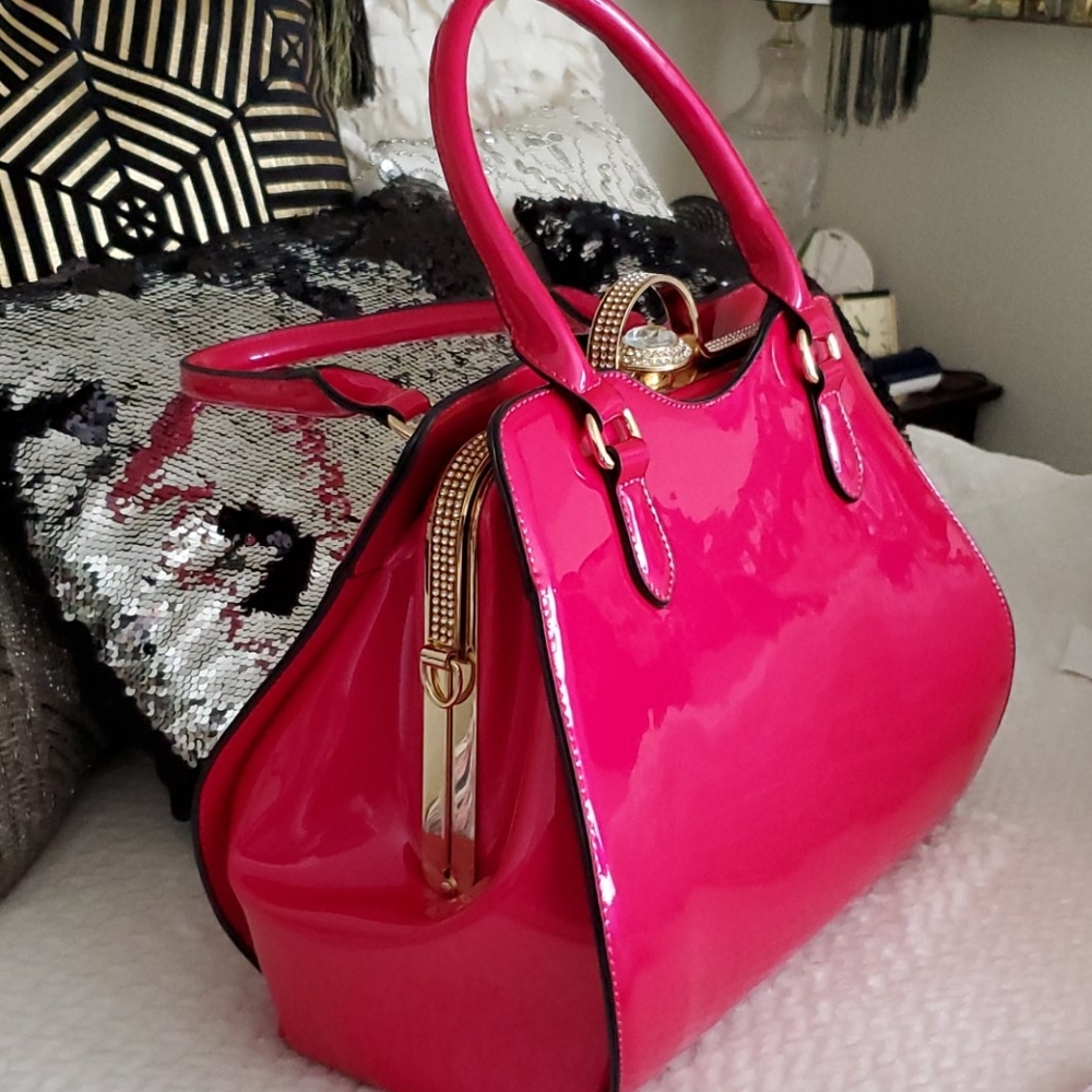Hot Pink Patent leather bag with big diamond stone HP❤️❤️2 times - Picture 4 of 10